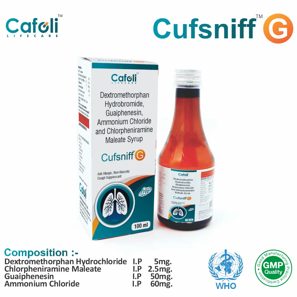 Dextromethorphan Hydrobromide 5mg + Chlorpheniramine Maleate 2.5mg + Guaiphenesin 50mg + Ammonium Chloride 60mg Syrup at Best Price in PCD Medical Pharma for Cough & Cold Relief